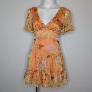 Hello Molly Destination Floral Peach Orange Tie Back Cutout Mini Dress XS